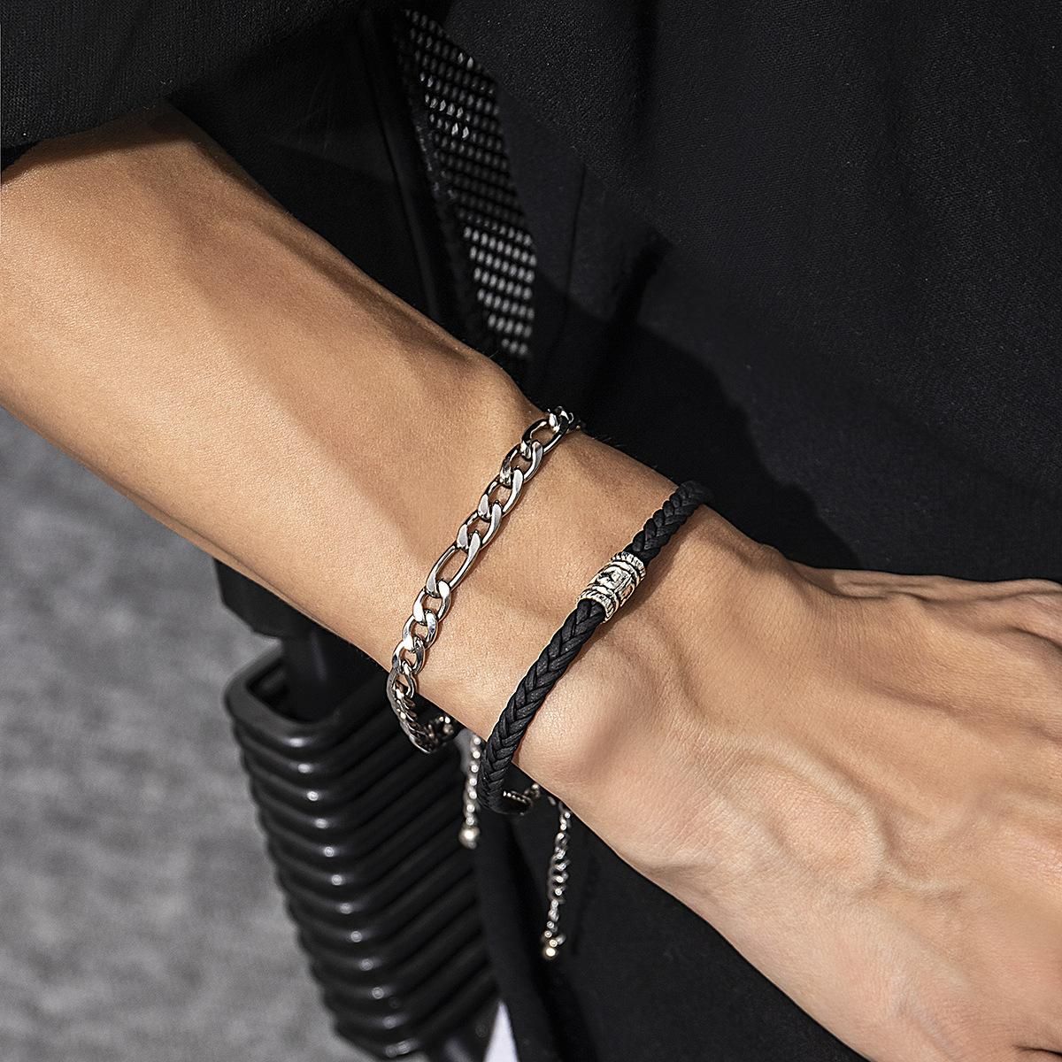 Metal Iron Chain With Pu Bracelet Simple Double Layer Men's Bracelet