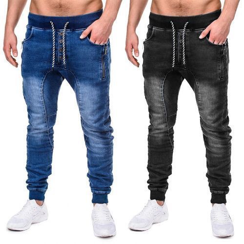 (Black+Blue)=28,350 Men's Jeans Zipper Ripped Holes Trouser Pants