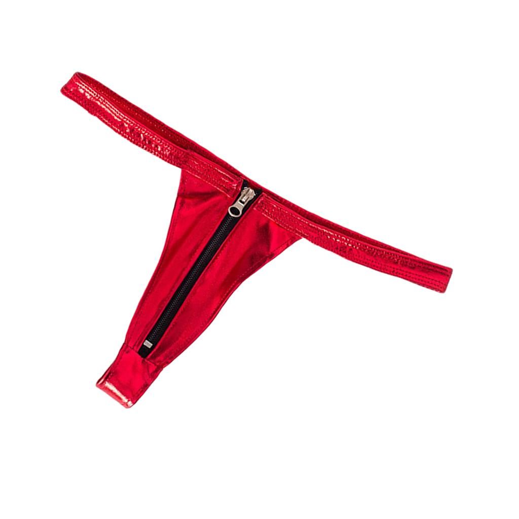 Womens Leather Zip Up Open Front Thong G String Nightwear - , 66 Red