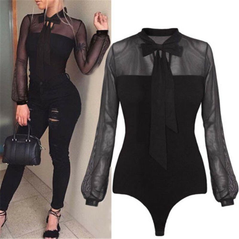 New Summer Bodysuit Women Sexy Bow Black Mock Neck Patchwork Long Sleeve Back Ladies Lace Mesh Bodysuit Transparent Tops(#Black)