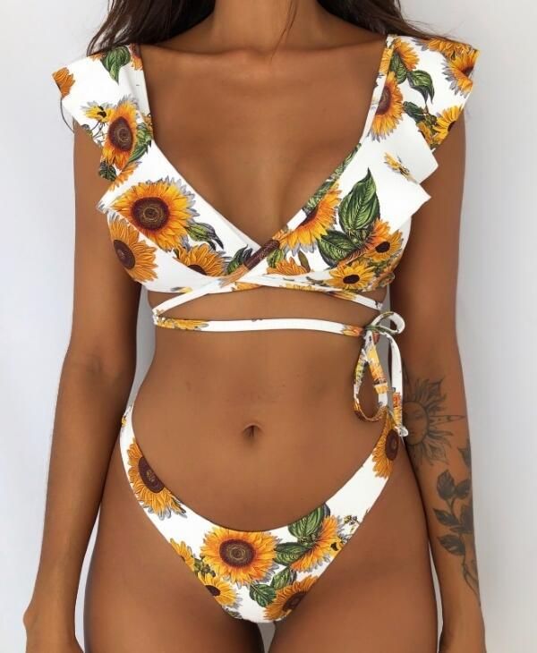 Beach Bikini Woman Front Lace Up Tie Sless Leopard Swimsuit Female Push Up Ruffled Bow Bathing Suit  Swimwear Sunflower KIP