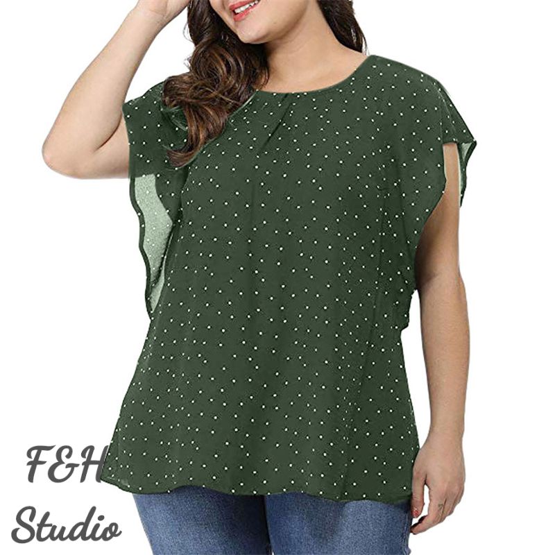 3564 L-5XL Ruffle Sleeves Plus Size Polka Dot Blouse Green