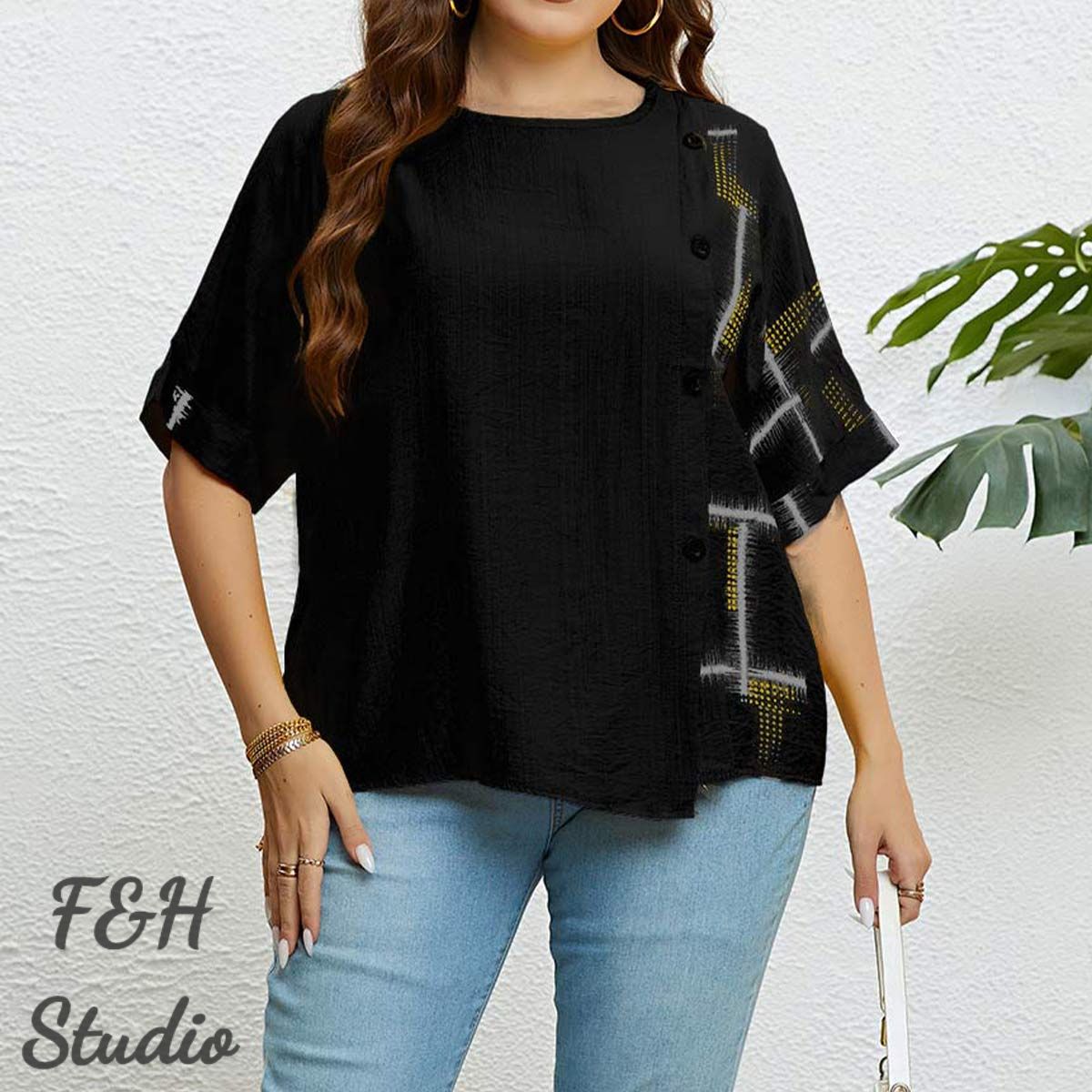 F&H 3327 XL-3XL Women Plus Size Button Up Loose Blouse Black