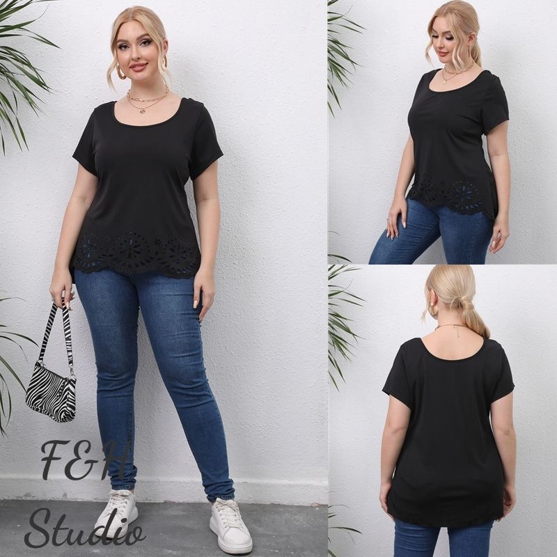 L-4XL Women Basic Curve Big Size Tops Round Neck Short Sleeves Work OL Office Plus Size T-Shirt 2921