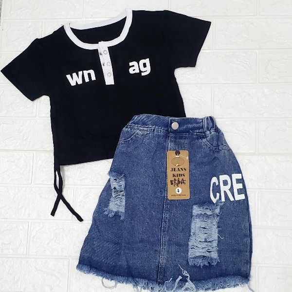 Stylish Girls Top And Jean Skirt Two Piece Set