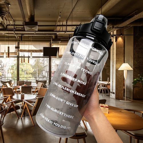 2 Liter Water Bottle With Straw Female Girls Large Portable Travel Bottles Sports Fitness Cup Summer Cold Water With Time Scale(#A-Black)