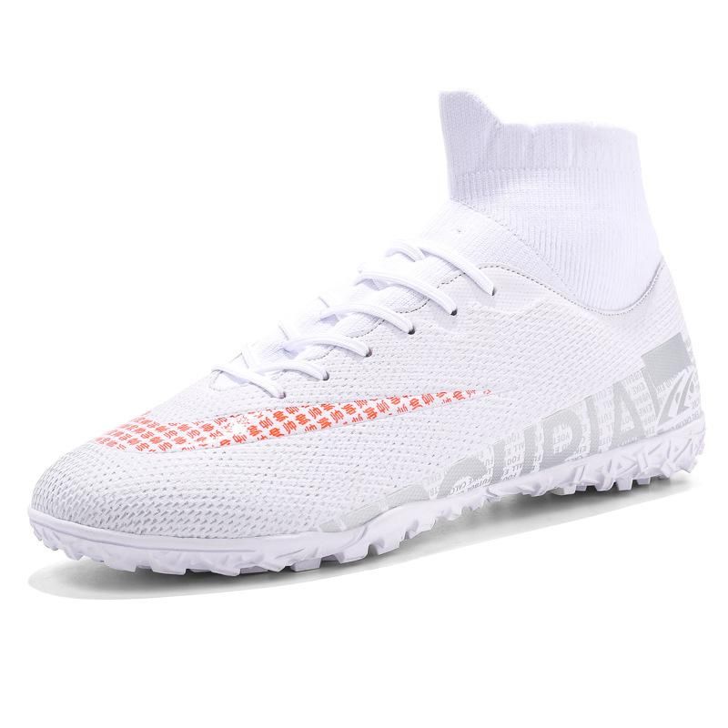 Men Soccer Shoes TF High Ankle Football Boots MenSneakers-White