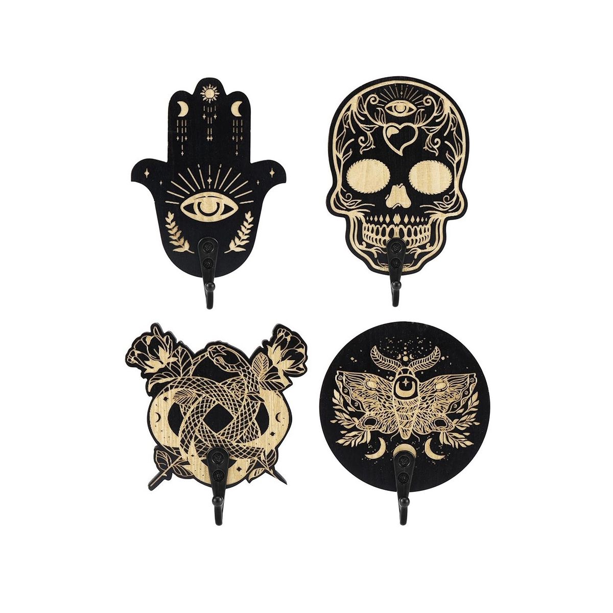 Wooden Wall Hooks - Evil Eye Decor for Wall 4 Pcs Hamsa Hand Key Holder Skull Zen Spiritual Moon Key Holder