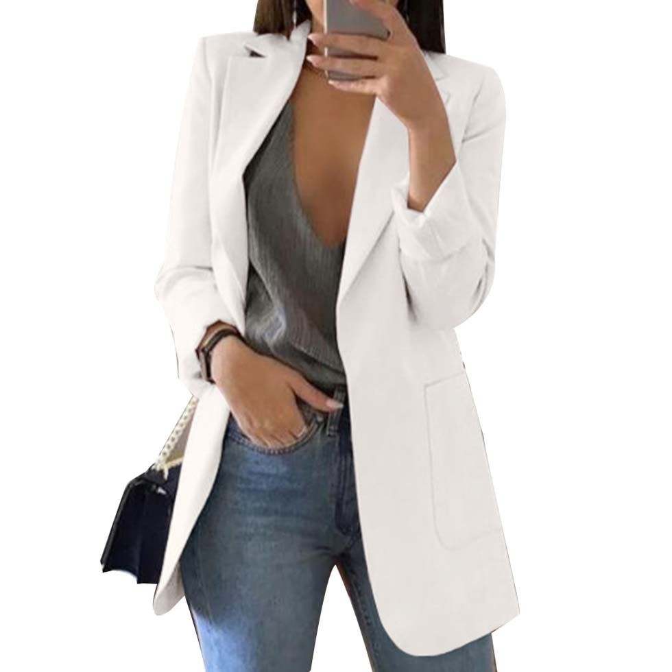 （White）2022 Women B Solid Office Ladies Plaid B Long Sleeve Loose Houndstooth