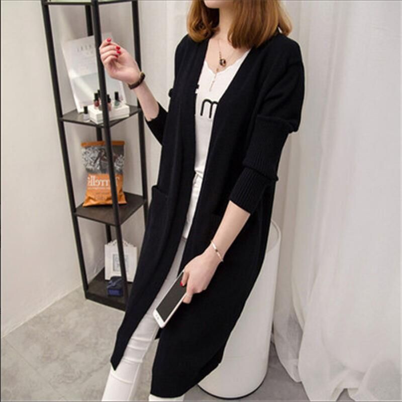 Women Long Cardigan Ladies Solid Outerwear Female Sweater Cardigans-black