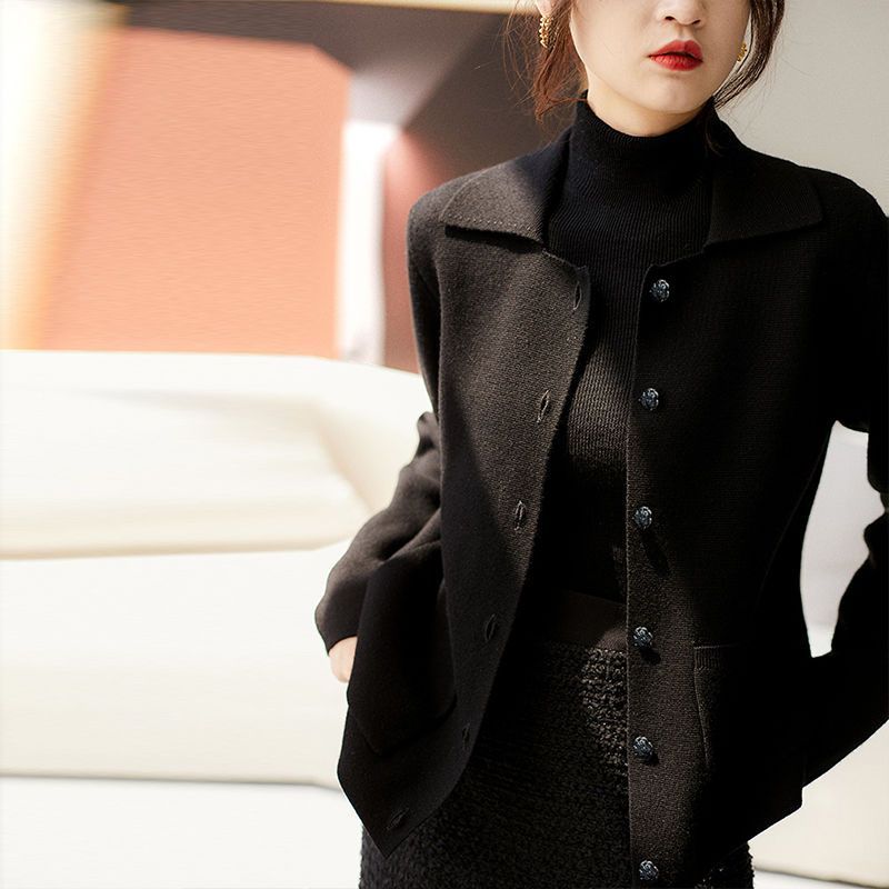 Women's French Style Knitted Cardigan Office Lady Long Sleeves-Black