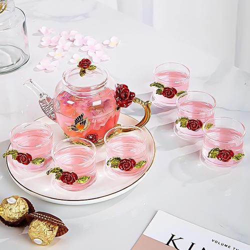 7Pcs Enamel Tea Set, Simple Business Water Cup, Heat Resistant Glass Teapot, Household Flower Tea Cup