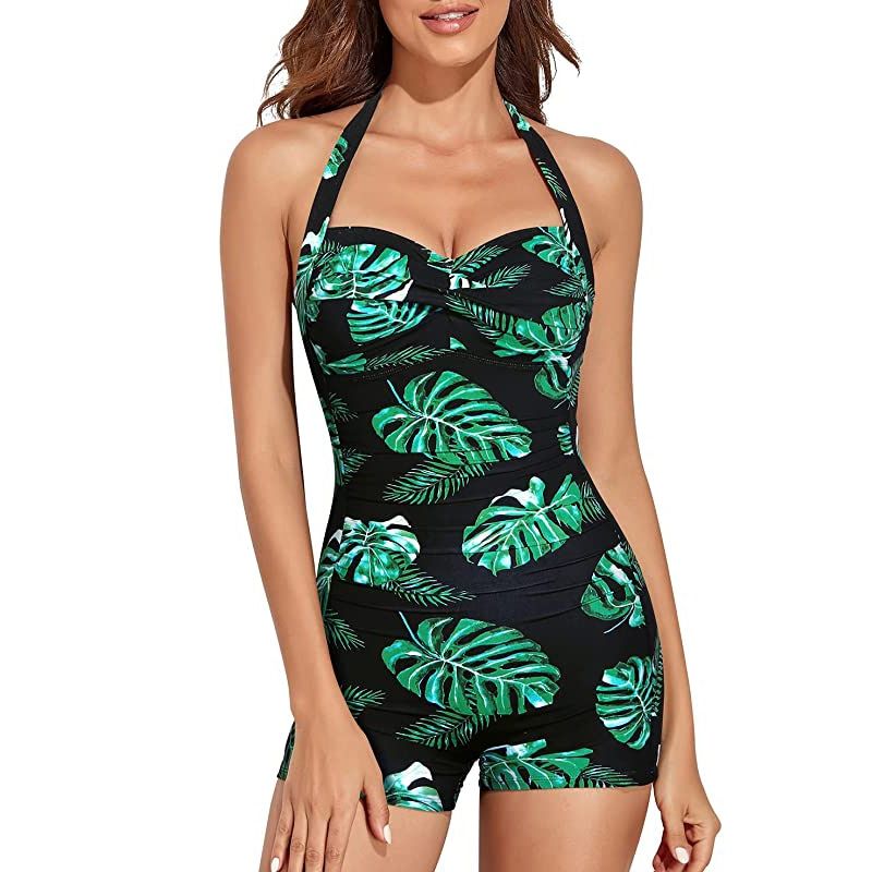 Halter Women's One Piece Tummy Control Swimwear Push Up Boyleg Ruched Swimsuit Retro Sling Collar Tie Bathing Suit Print