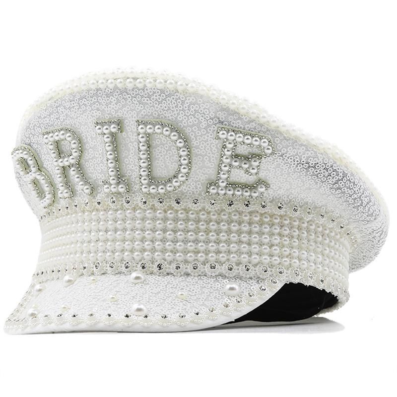 Luxury  Hat Women Sequin Pearl Handmade White Captain Sergeant Cap  for Bride Festival Party