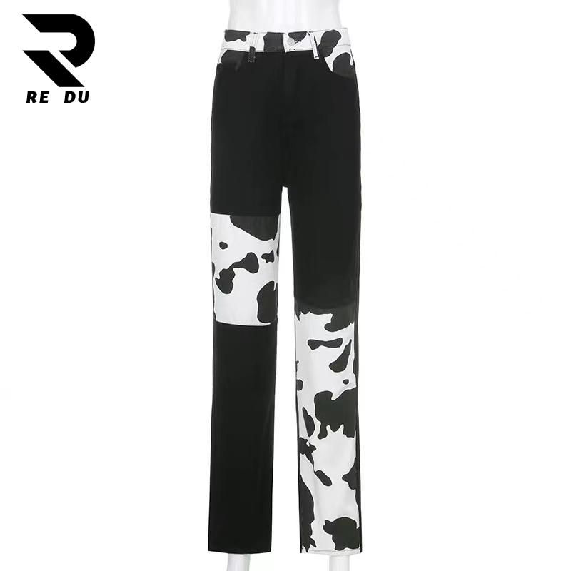 J&H New High Waisted Cow Print Patchwork Straight Cut Casual Jeans for Plus Size Women