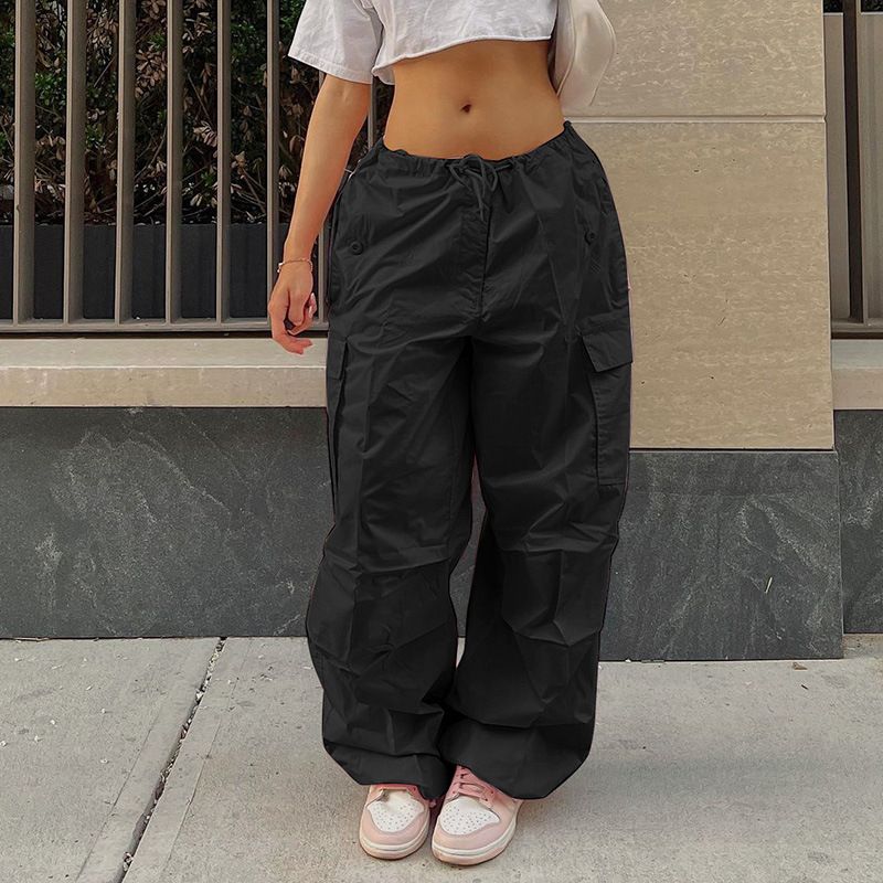 (black)Y2K Clothing Oversized Drawstring Low Waist Parachute Loose Fit Sweatpants Trousers Women Jogger Cargo Pants Streetwear Outfits DOU