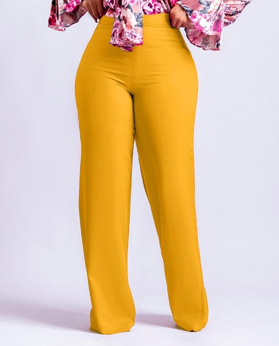 Women Trousers Long Wide Leg Pants Female High Waist Elegant Office Ladies-Yellow