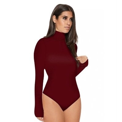 Women Turtleneck Long Sleeve Bodysuit - Red