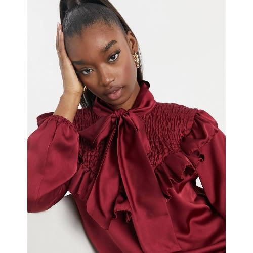 Luxe Satin Bow Tie Blouse - Burgundy