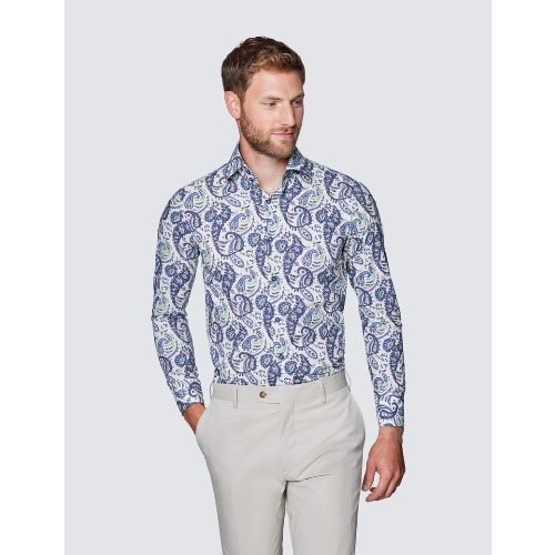 Men’s Curtis Cream & Blue Paisley Print Slim Fit Shirt - Low Collar