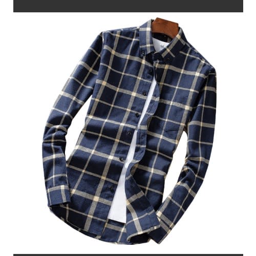 Men's Plaid Plus Long-sleeved Check Shirt - Blue
