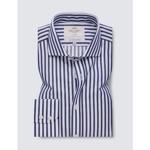 Non Iron Navy & White Stripe Slim Fit Shirt - Single Cuffs