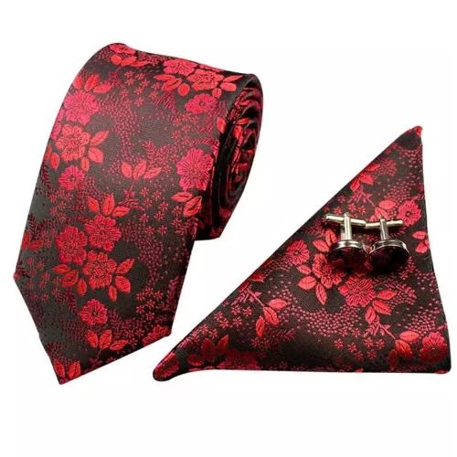 Men's Floral Business Silk Necktie - Pocket Square - Cufflinks Set