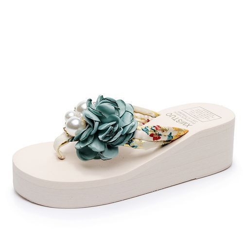 Appliques Flip Flops Lady Wedge Beach Sandals (Beige&Green)