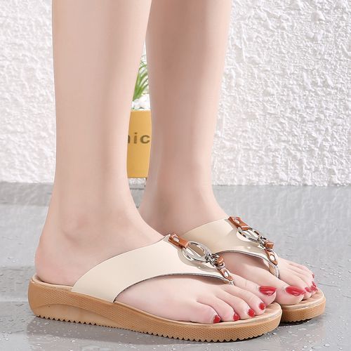 Women Flip Flops Lady Flat Sandals Beige