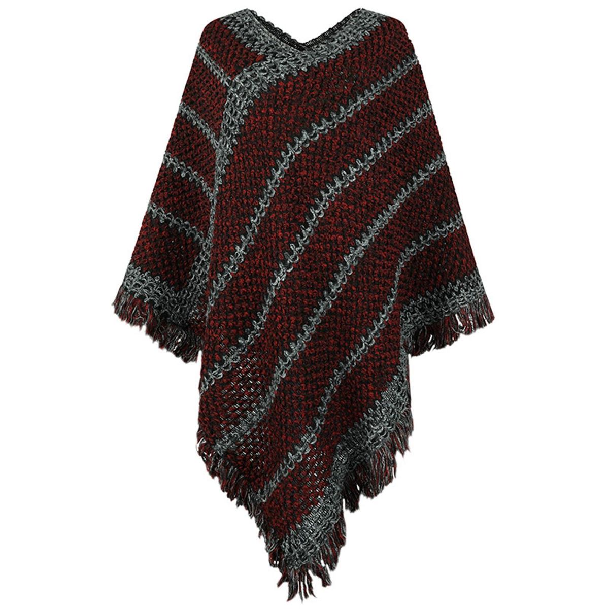 V Neck Ethnic Style Pullover Thick Knitted Cape-Wine Red