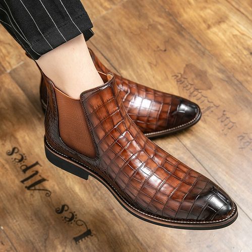Elegant Chelsea Boots Men Shoes Superior Quality Snakeskin Pattern Leather Boots High Top Slip-on Dress Formal Boots Luxury Male Shoes Brown