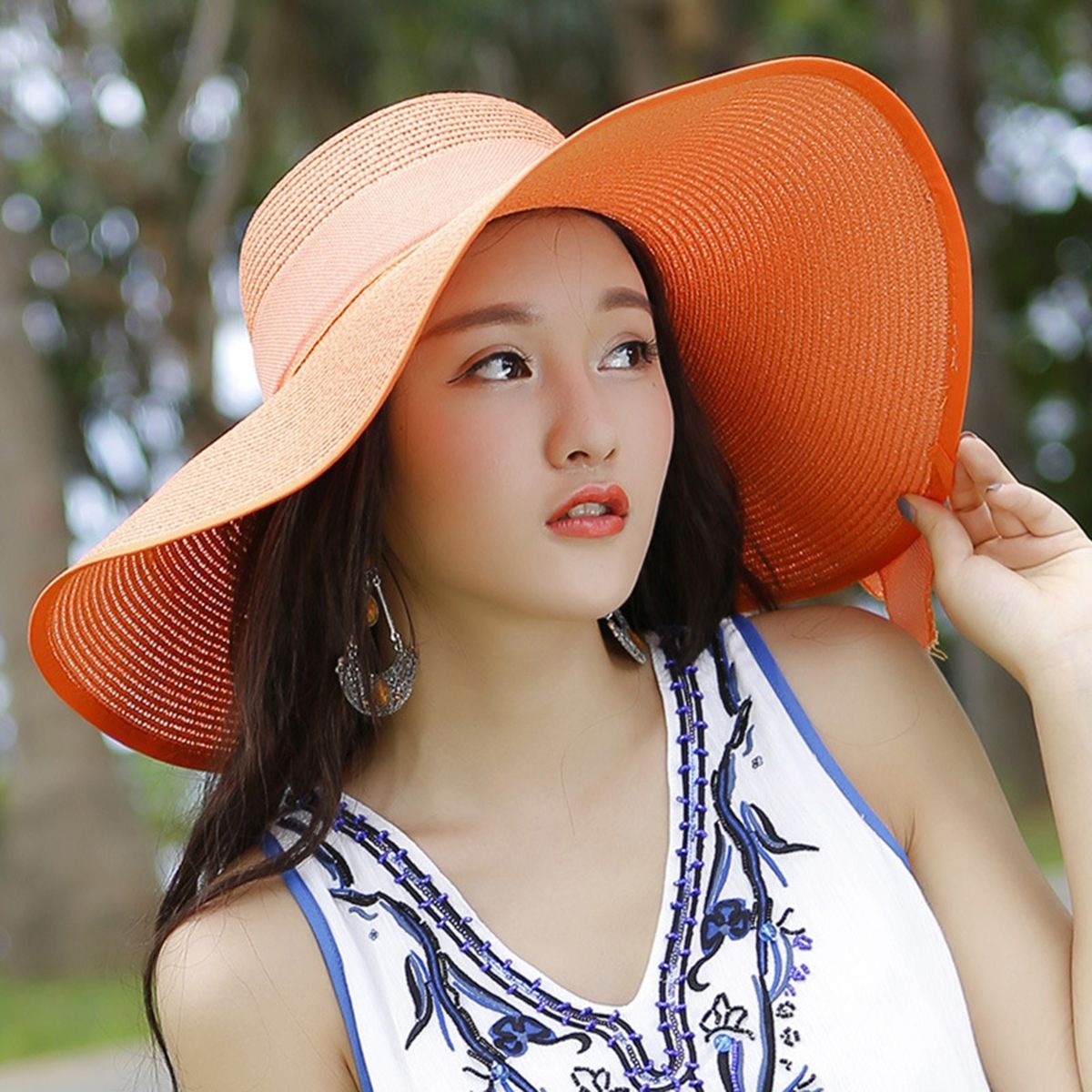 Straw Hat Comfortable Ribbon Bow Summer Cap Orange