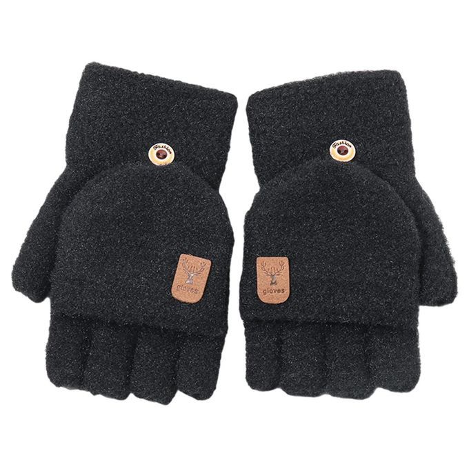 Winter Mittens Women Girl Convertible Thick Flip Knitting Black