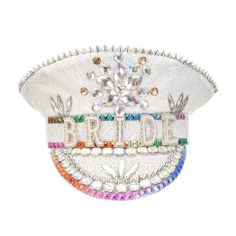 Sequined & Rhine White Bride Hat Luxury Bridal Cap Wedding for Lady Women Party Club Cosplay Prop Captain Sergeant Wear