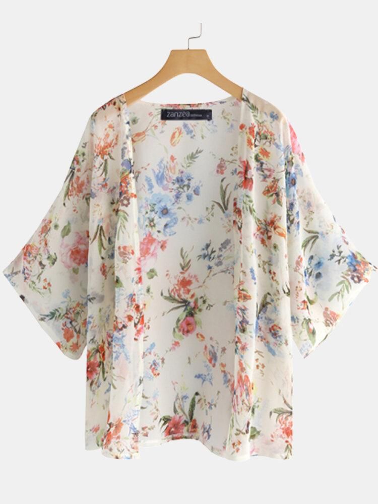 Women Bat Sleeve Floral Print Bohemian Style Simple Casual Cardigan
