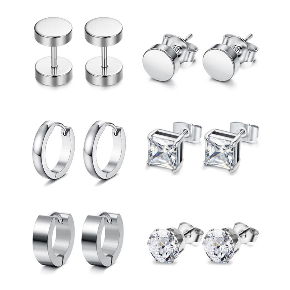 6 Pairs Earrings Wear-resistant Rhinestone Inlaid Stainless Steel Stylish Ear Clips For Daily-Silver