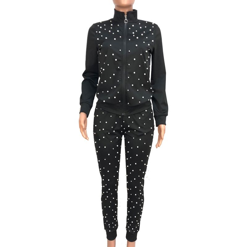 TWO PIECE SET Pearl Tracksuit Beads Long Sleeve Leisure Jogger Pants Women Sweat Suits Streetwear Lounge Wear Clothes Plus Size（#Black）