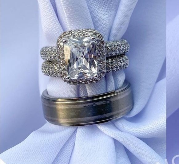 White Gold Plated Silver Couple Wedding Ring Set D10