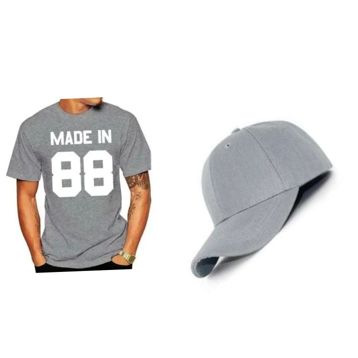 QUALITY GREY UNISEX ROUND NECK T-SHIRT With DESIGN AND CAP