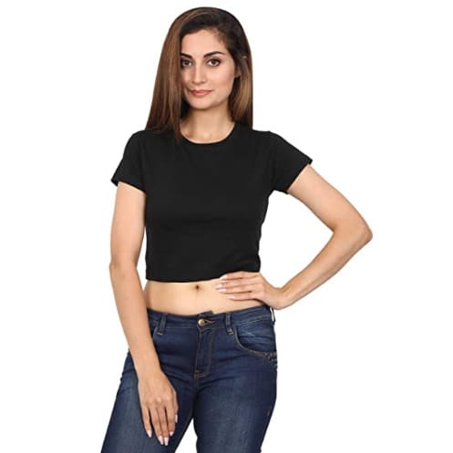 Women's Plain Black Round Neck Crop Top Tshirt
