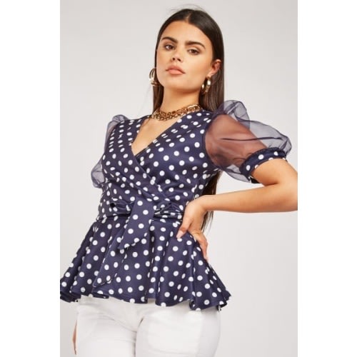 Organza Blue/ White Sleeve Polka Dot Top