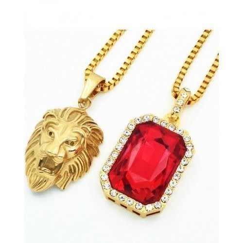 Lion Head & Ruby Onyx Pendant Gold Chain Necklaces