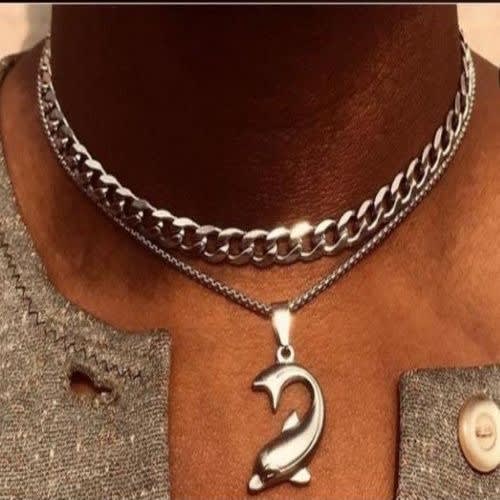 Fish Pendant With 2 Cuban Chains. Silver