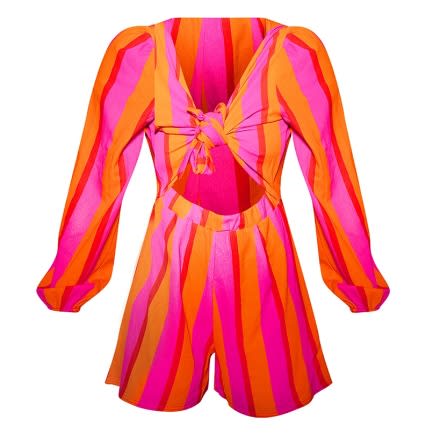 Front Tie Stripe Playsuit  -Playsuit