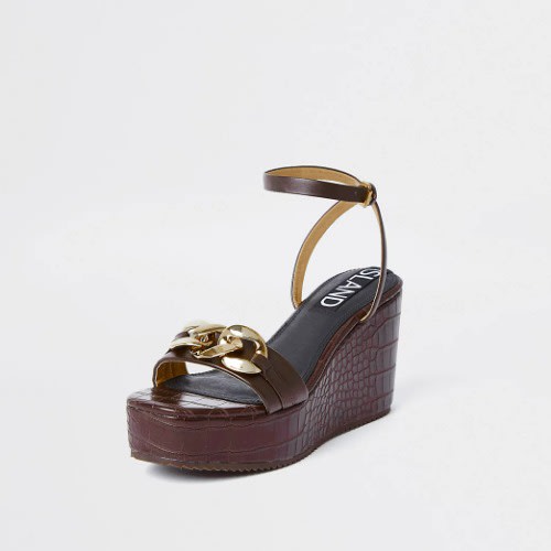 Brown Gold Chain Detail Wedge Heels