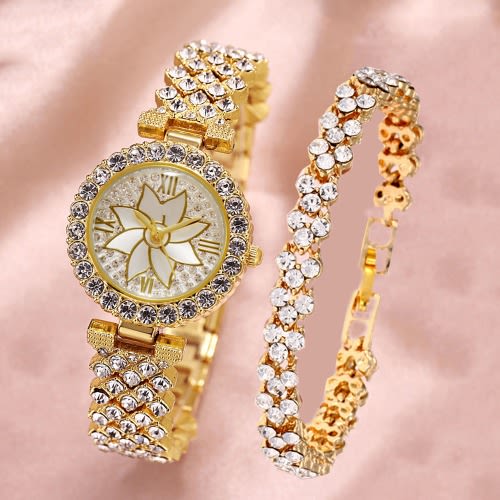 Ice Rhinestone Women Wrist Watch With Bracelet- Gold