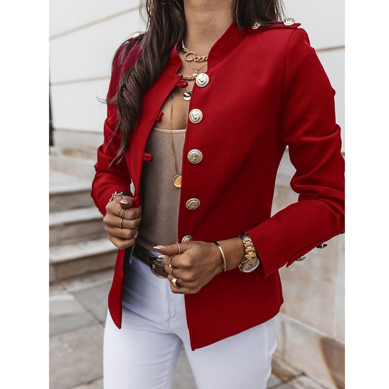 （Red）B Women Jacket Office Ladies Solid Women Jacket Long Sleeve Slim Single