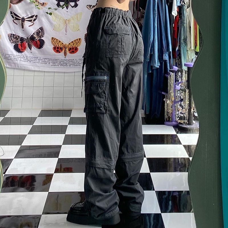 (Black)Harajuku Korean Fashion Vintage Denim Trousers Women's Baggy Jeans Y2k Fairycore Oversize Capri Cargo Pants Retro Streetwear ACU