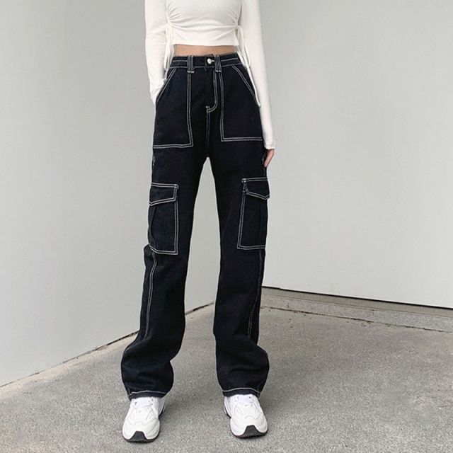 New Black High Waist Cargo Pants Women Big Pockets Patchwork Baggy Womens Jeans