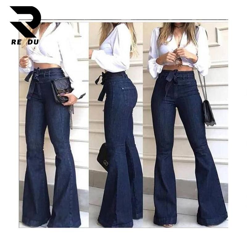 New Women Denim High waist jeans boot cut pant Wide-leg pants jeans with belt
